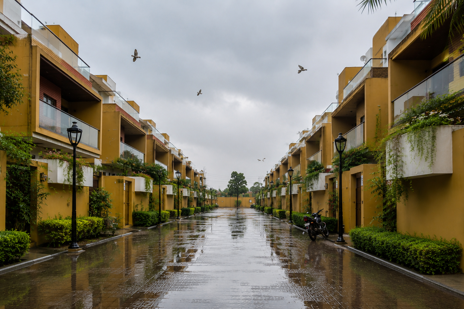 Tree-lined internal street between VIDA 360 bungalows